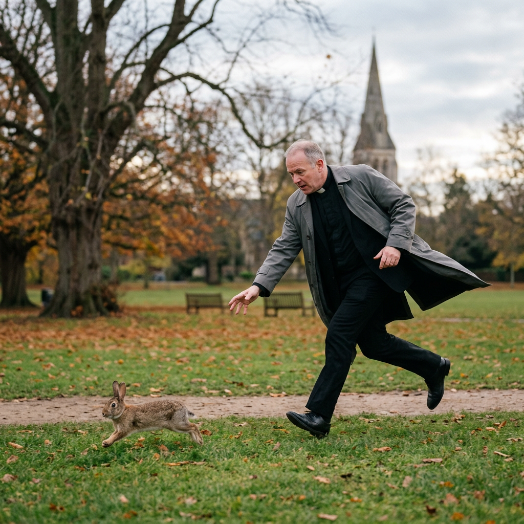 A clergyman running after a rabbit in a park with autumn leaves